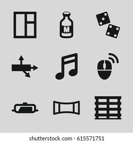Square icons set. set of 9 square filled icons such as pan, window, milk, cargo box, panorama mode, computer mouse, dice, arrow