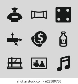 Square icons set. set of 9 square filled icons such as parcel, perfume, Dice, milk, panorama mode, arrow, note, bank support