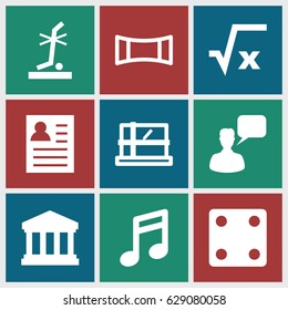 Square icons set. set of 9 square filled icons such as parcel, Dice, chatting man, no standing nearby, panorama mode, court building, square root, note