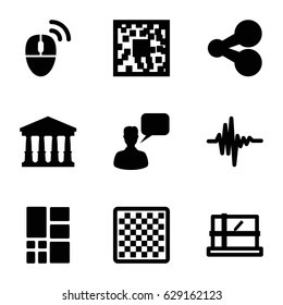 Square icons set. set of 9 square filled icons such as court, parcel, chatting man, music equalizer, grid, computer mouse, chess board, share