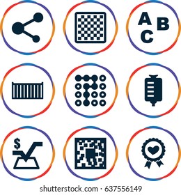 Square icons set. set of 9 square filled icons such as mathematical square, drop counter, cargo box, heart ribbon, share, labyrinth, chess board, abc