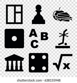 Square icons set. set of 9 square filled icons such as court, dice, window, sandwich and apple, no standing nearby, pawn, abc