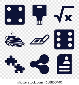 Square icons set. set of 9 filled icons such as plan, dice, sandwich and apple, resume, camera, puzzle, square root
