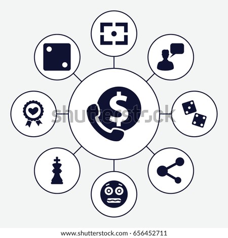 Square icons set. set of 9 square filled icons such as dice, chatting man, shocked emoji, heart ribbon, share, chess king, center focus, dice