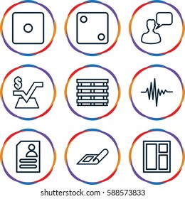 square icons set. Set of 9 square outline icons such as plan, Dice, window, chatting man, mathematical square, resume, cargo box