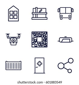square icons set. Set of 9 square outline icons such as airport bus, aid post, pan, parcel, window, cargo box, share, qr code
