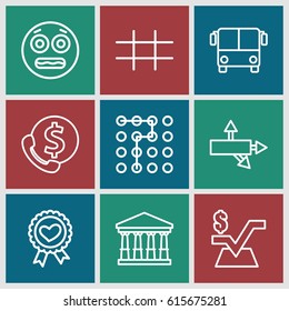 Square icons set. set of 9 square outline icons such as airport bus, court, mathematical square, heart ribbon, grid, shocked emoji, arrow, labyrinth
