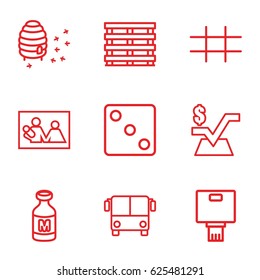 Square icons set. set of 9 square outline icons such as airport bus, Dice, mathematical square, honeycomb, milk, cargo box, grid, camera