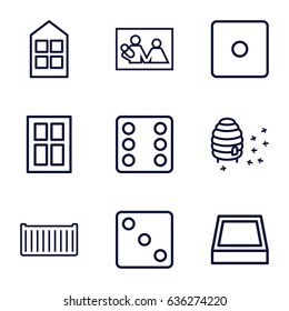Square icons set. set of 9 square outline icons such as window, dice, honeycomb, cargo box, square plant pot