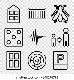 Square icons set. set of 9 square outline icons such as fly, window, dice, son and father, cargo box, music equalizer, parking