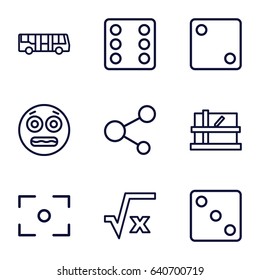 Square icons set. set of 9 square outline icons such as airport bus, parcel, dice, share, center focus, shocked emoji