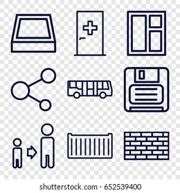 Square icons set. set of 9 square outline icons such as airport bus, aid post, window, son and father, cargo box, share, diskette, square plant pot