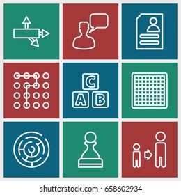 Square icons set. set of 9 square outline icons such as abc cube, chatting man, son and father, resume, arrow, pawn, labyrinth