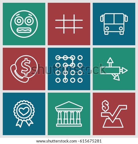 Square icons set. set of 9 square outline icons such as airport bus, court, mathematical square, heart ribbon, grid, shocked emoji, arrow, labyrinth