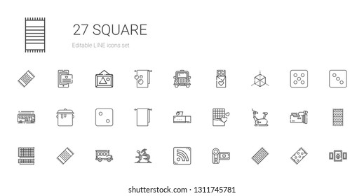 square icons set. Collection of square with beach towel, camcorder, rss feed, stationary bike, bus, grid, chocolate, tissue box, towel, dice. Editable and scalable square icons.