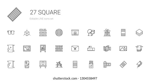 square icons set. Collection of square with camcorder, chocolate, beach towel, stationary bike, board, towel, video camera, tissue box, letter. Editable and scalable square icons.