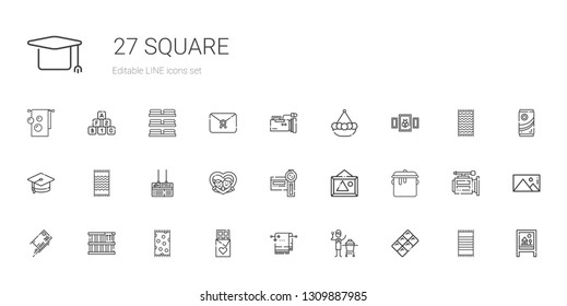 square icons set. Collection of square with chocolate, ceramic, towel, beach towel, box, letter, pot, pictures, camcorder, frame, board, mortarboard. Editable and scalable square icons.