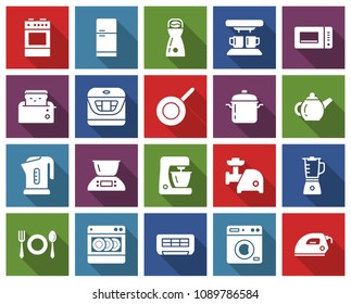 Square icons set of some kitchen utensils and home appliances with long shadow