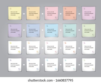 Square icons for writing text.Diagram icons in different colors.MultI-color square banners with edges between cut paper.