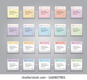 Square icons for writing text.Diagram icons in different colors.Rectangular banner with notepad on top of notepad