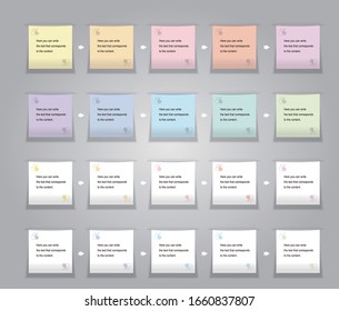 Square icons for writing text.Diagram icons in different colors.MultI-color square banners with edges between cut paper.