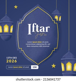 Cartel cuadrado de Iftar Ramadan con faroles y estrellas