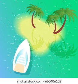 Square illustration with boat, beach and palm tree