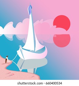 Square illustration with boat, beach and sunset 