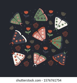 Square illustration with decorative butterflies moth and polka dots on dark background. Scandinavian style background. For modern and original textile, tshirt, bag, wrapping paper
