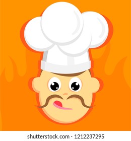 Square illustration of face of chef with moustache on orange background with fire. Flat vector.