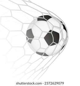 Square illustration of football ball in net, goal moment in soccer or European football match. Vector illustration.