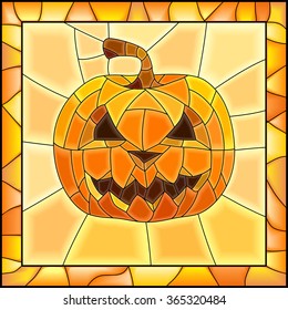 Square illustration of Halloween pumpkins as stained glass window with frame (orange tone).