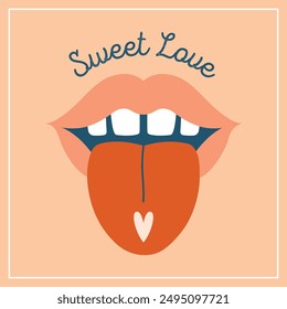 Square illustration to Happy Valentine's Day. Cute clip art with open mouth and tongue out. Pill in shape of heart lying on tongue. Romantic badge with typography, lettering, text "Sweet Love".