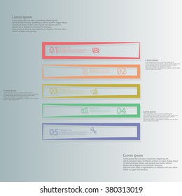 Square illustration infographic template horizontally divided to five parts with different colors. Each part is made from contour and contain sample text, number and simple sign on blue background.