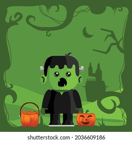 Square illustration monster halloween with full of candy basket design