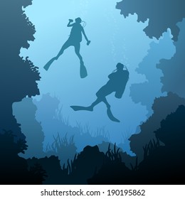 Square illustration of scuba divers under water among coral in cave.