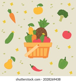 Square illustration with a supermarket basket filled with fruits and waxes. Shopping decor around. Vector illustration in cartoon children s style. Isolated funny clipart on beige background.