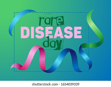 Square illustration. Three-color ribbon for the world rare disease day on 28 of February. Blue frame on a green-blue gradient background