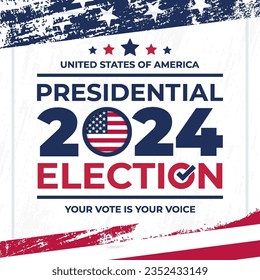 Square illustration vector graphic of united states flag, presidental election and year 2024 perfect for election day in united states, united states flag