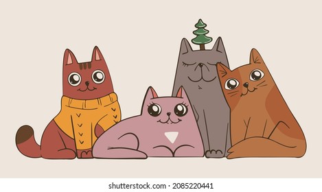 Square illustration in vintage colors. Hand drawn poster with cute cartoon cats in costumes. New Year and Christmas card with your favorite pets. Symbols of winter and holidays.