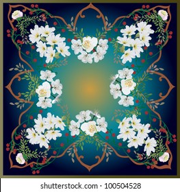 ilustración cuadrada con flores primavera blancas en fondo azul