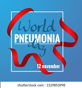 Square illustration for World Pneumonia day. Ribbon in red gradient.  Square background in two color gradient on the . White frame.