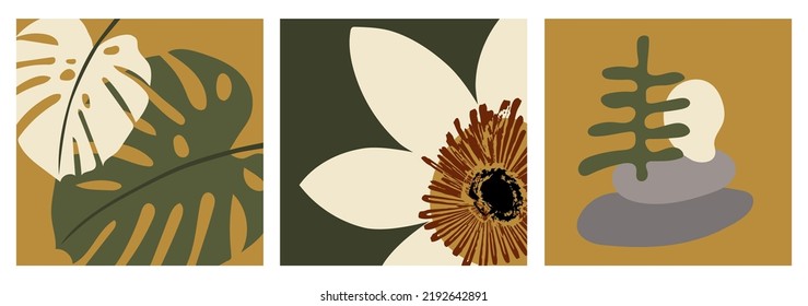 Square illustrations with flowers, plants and abstract shapes. Hand-painted drawing, design for printing postcards, posters, covers, wall decorations, stories on social networks.