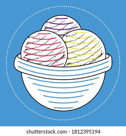 A square image depicting three outlined ice cream balls (pink, yellow, violet) in a small white bowl with blue stripes surrounded by a white dotted frame on the light-blue background.