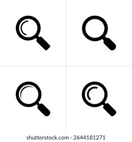 Square image features four simple black and white magnifying glass icons. Designs are slightly different, shown isolated on white backgrounds in a clean vector style.