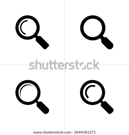 Square image features four simple black and white magnifying glass icons. Designs are slightly different, shown isolated on white backgrounds in a clean vector style.