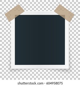 Square image frame concept, single isolated object stickied with beige tape pieces on transparent background. Vector detailed illustration edge for images and pictures.