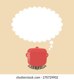 Square image of red pastel pot on the flame. Big copy space for your text above.