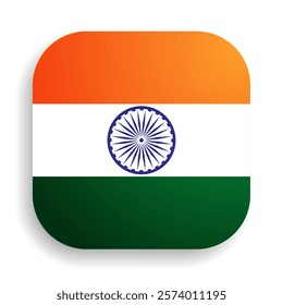 Square Indian Flag badge, consists of orange, white and green stripes and blue Ashoka Chakra in the center. Suitable for patriotic, cultural and digital applications.