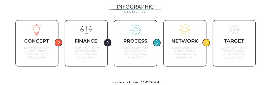 Square infographic process template with icons and five steps. Vector for company or corporate business project and presentation.